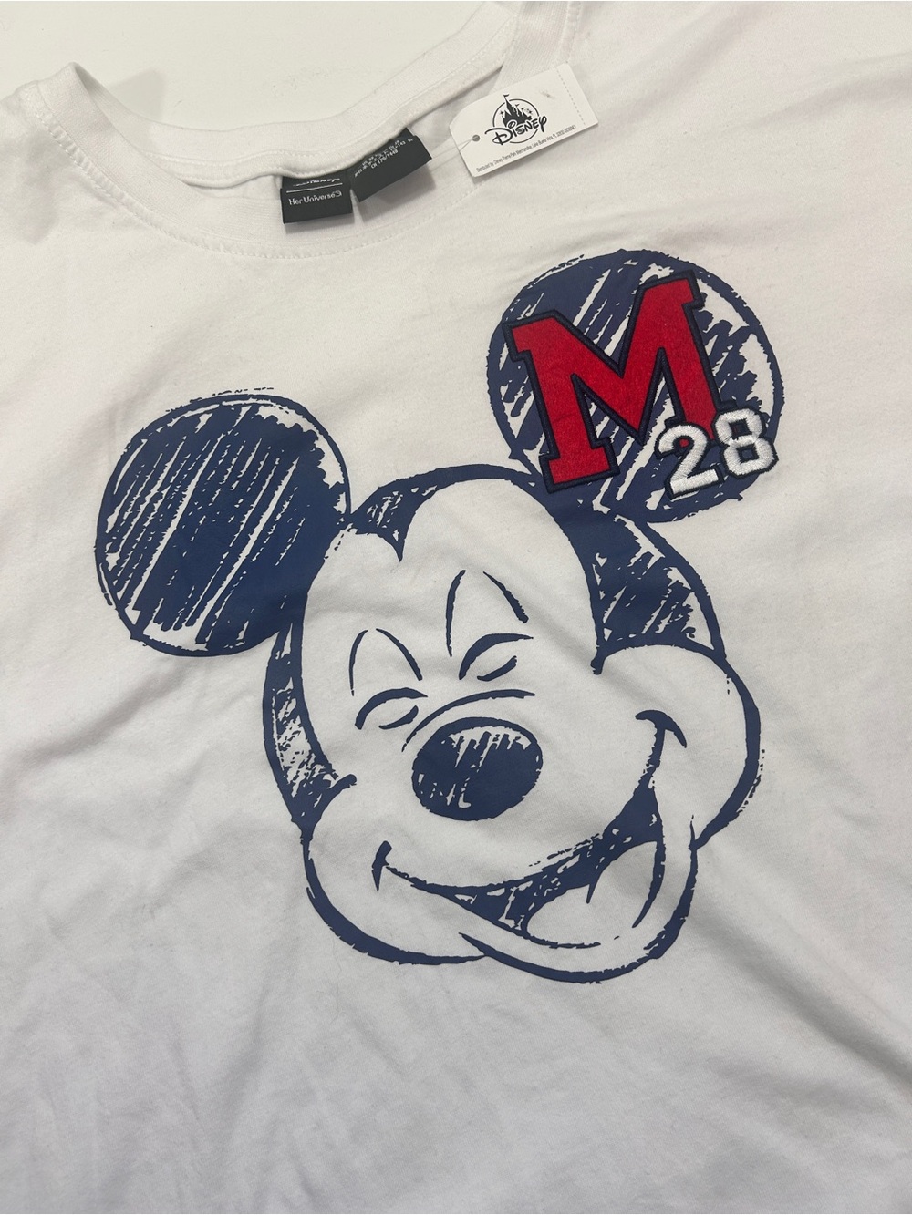 Disney White Women Tee with Navy Mickey Graphic and Embroidered Red 'M' NWT